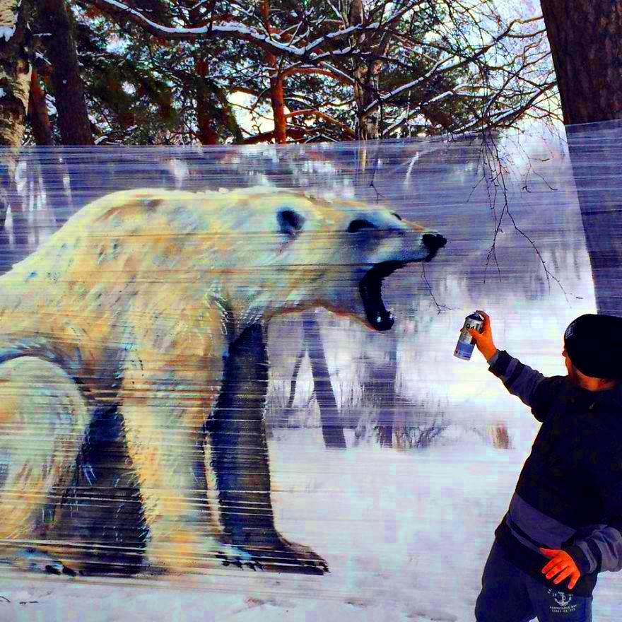 Evgeny Ches Spray-Paint Animals On Plastic Wrap In The Forest (6 Pics)